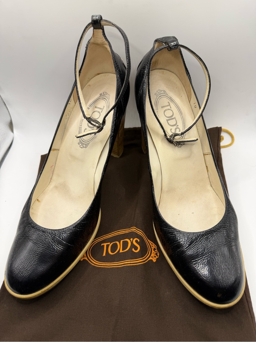 Vintage Tod's Black Leather Ankle-Strap Pumps with Cream Trim with Dust Bag